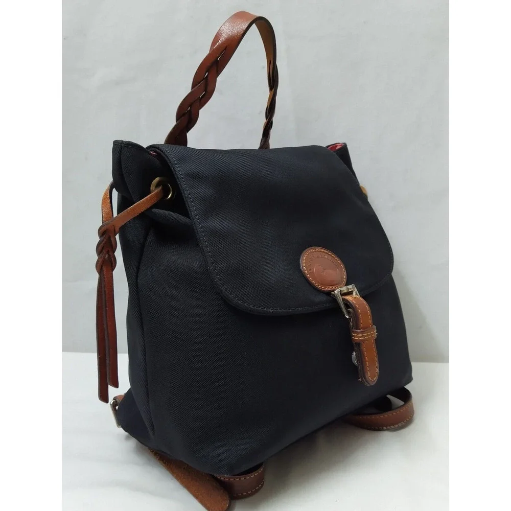 Dooney & Bourke Black Nylon Leather Trim Buckle Flap Closure Backpack